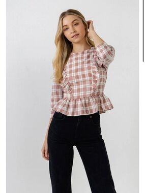 English Factory Plaid Ruffle Peplum Top | Pink & Cream | Size L